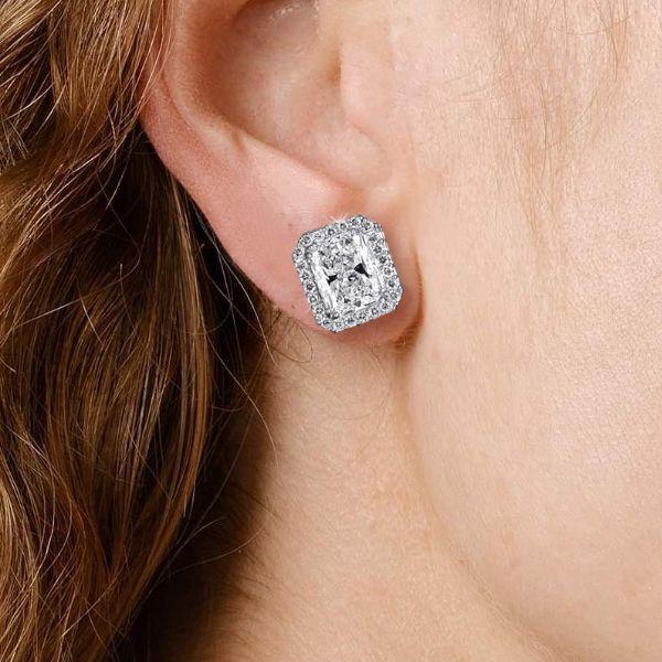 Halo Radiant White Sapphire Stud Earrings in Silver Plated Setting