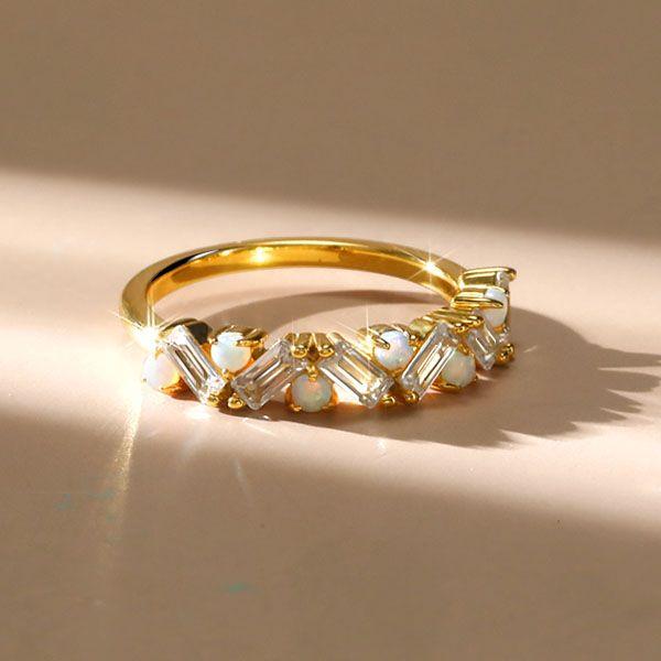 Baguette Opal Half Eternity Wedding Band - Sterling Silver