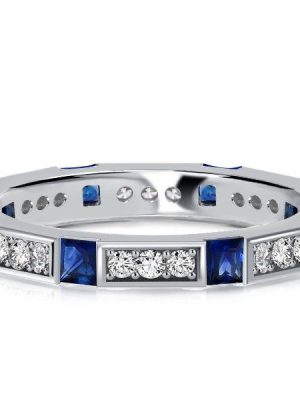 Princess Cut Blue Sapphire Wedding Band - 925 Sterling Silver