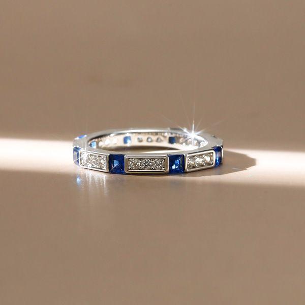 Princess Cut Blue Sapphire Wedding Band - 925 Sterling Silver