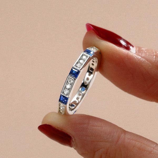 Princess Cut Blue Sapphire Wedding Band - 925 Sterling Silver