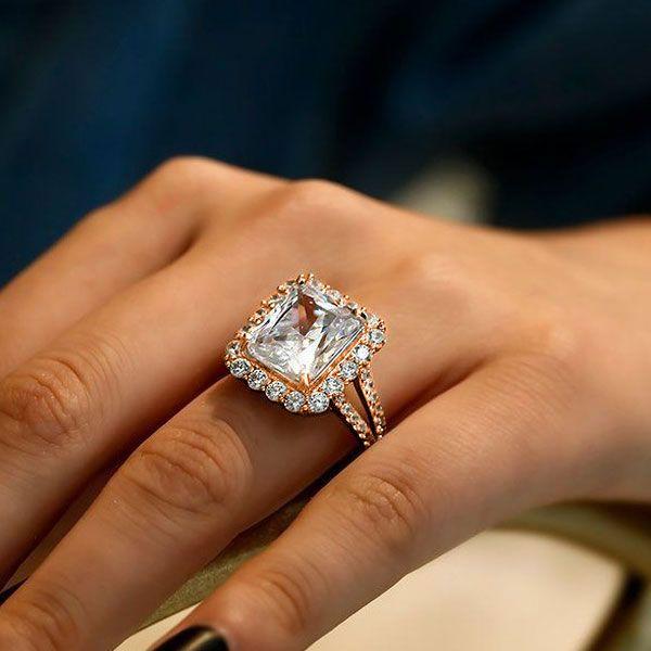 Rose Gold Halo Engagement Ring | White Sapphire Split Shank