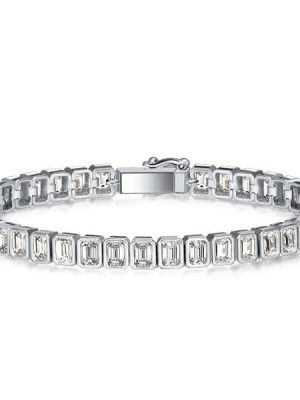 Sterling Silver Emerald Cut White Sapphire Tennis Bracelet with Bezel Setting for Women