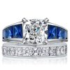 Cushion Cut White and Blue Sapphire Engagement Ring Set in Rhodium-Plated Sterling Silver