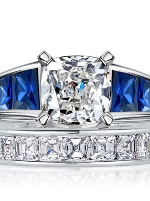 Cushion Cut White and Blue Sapphire Engagement Ring Set in Rhodium-Plated Sterling Silver