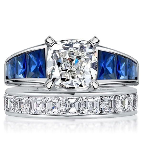 Cushion Cut White and Blue Sapphire Engagement Ring Set in Rhodium-Plated Sterling Silver
