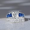Cushion Cut White and Blue Sapphire Engagement Ring Set in Rhodium-Plated Sterling Silver