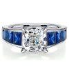 Cushion Cut White and Blue Sapphire Engagement Ring Set in Rhodium-Plated Sterling Silver