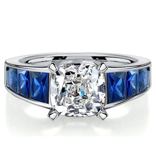 Cushion Cut White and Blue Sapphire Engagement Ring Set in Rhodium-Plated Sterling Silver