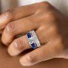 Cushion Cut White and Blue Sapphire Engagement Ring Set in Rhodium-Plated Sterling Silver