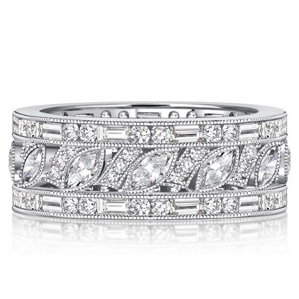Milgrain Marquise Cut Sterling Silver Wedding Band - Vintage Eternity Ring