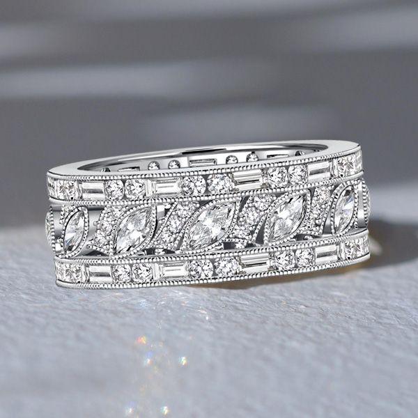 Milgrain Marquise Cut Sterling Silver Wedding Band - Vintage Eternity Ring