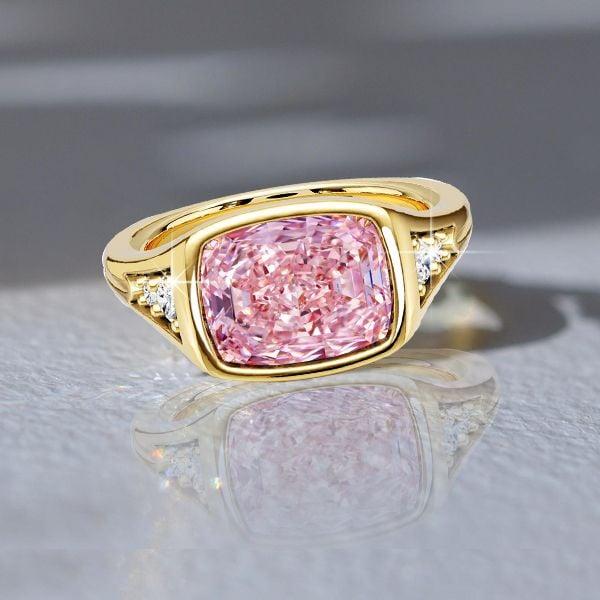 2.5 CT. Cushion Cut Pink Sapphire Ring with Golden Bezel Setting in 18k Gold Plated Sterling Silver