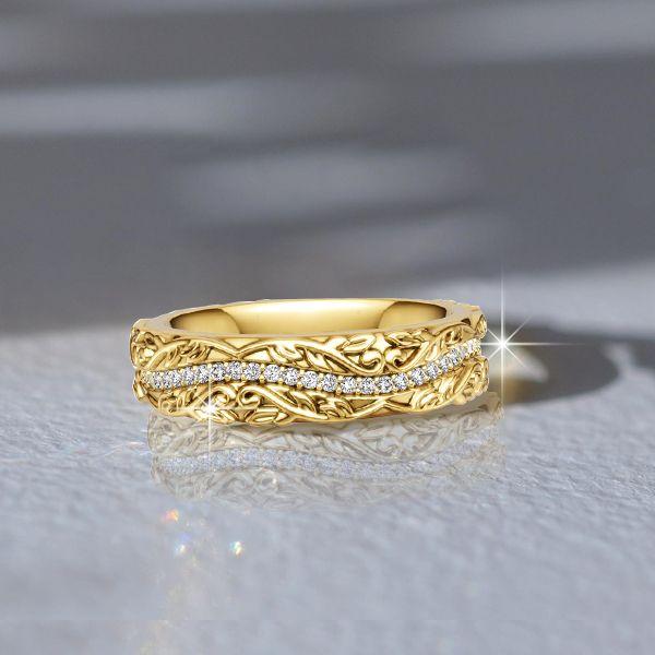 18K Gold Plated Sterling Silver Floral Eternity Wedding Band with White Sapphire for Women