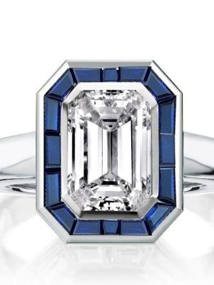 Halo Emerald Cut CZ Engagement Ring - Sterling Silver Bezel Solitaire