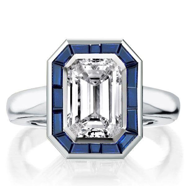 Halo Emerald Cut CZ Engagement Ring - Sterling Silver Bezel Solitaire