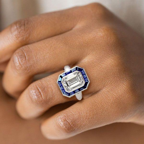 Halo Emerald Cut CZ Engagement Ring - Sterling Silver Bezel Solitaire