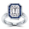 Halo Emerald Cut CZ Engagement Ring - Sterling Silver Bezel Solitaire