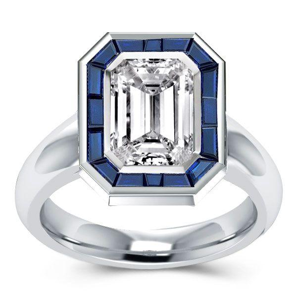 Halo Emerald Cut CZ Engagement Ring - Sterling Silver Bezel Solitaire