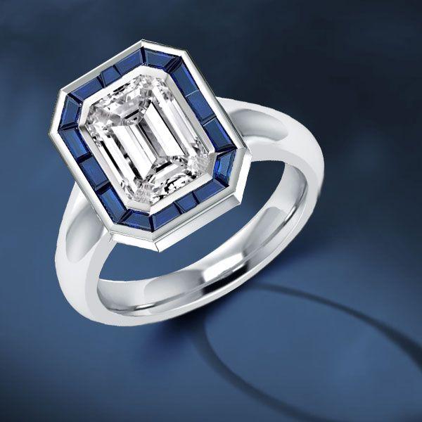 Halo Emerald Cut CZ Engagement Ring - Sterling Silver Bezel Solitaire