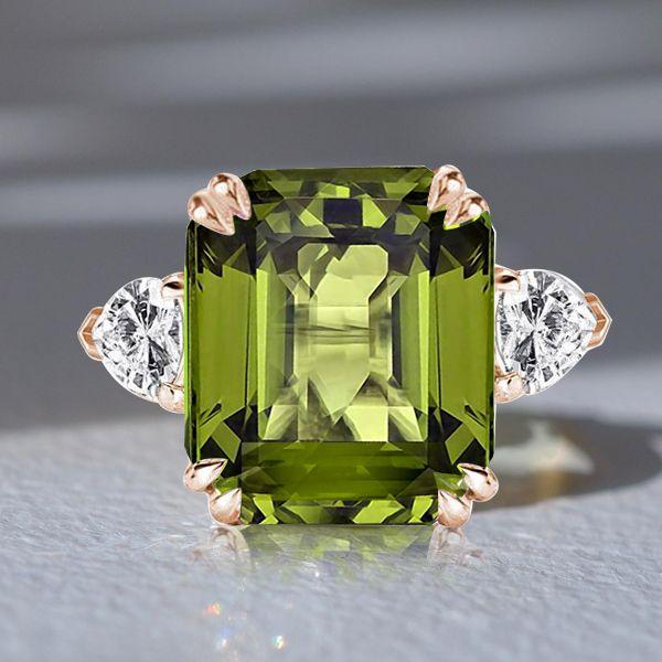 Rose Gold Emerald Cut Peridot Engagement Ring - 11.26 CT Gemstone