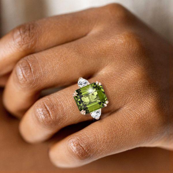 Rose Gold Emerald Cut Peridot Engagement Ring - 11.26 CT Gemstone