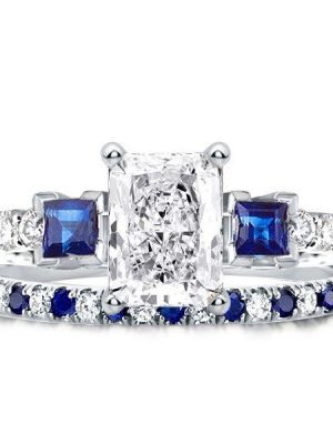 Radiant Three Stone Sterling Silver Bridal Ring Set