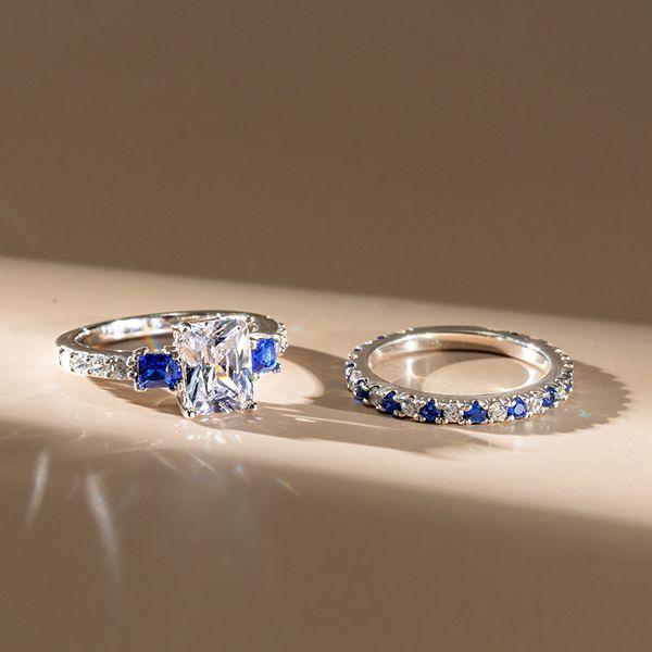 Radiant Three Stone Sterling Silver Bridal Ring Set