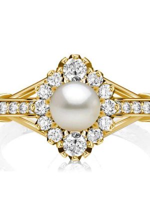 Antique Golden Pearl Engagement Ring - 925 Sterling Silver