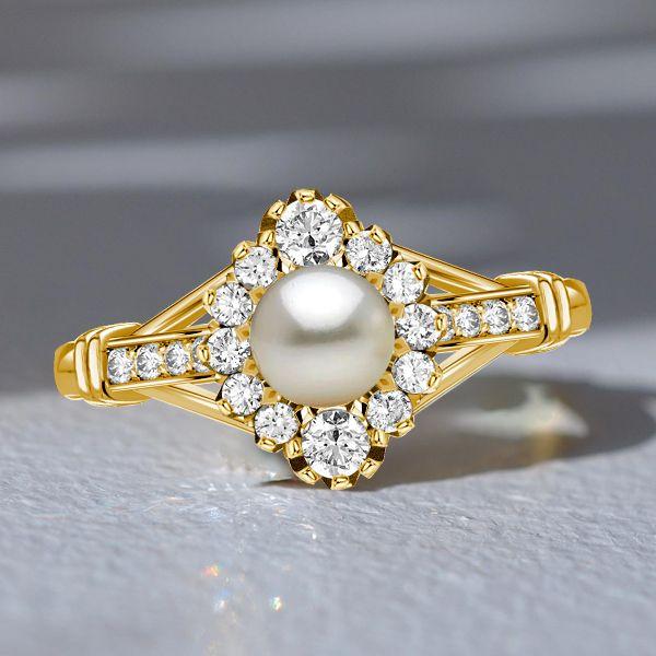 Antique Golden Pearl Engagement Ring - 925 Sterling Silver