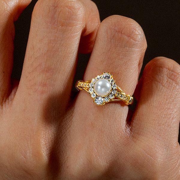 Antique Golden Pearl Engagement Ring - 925 Sterling Silver