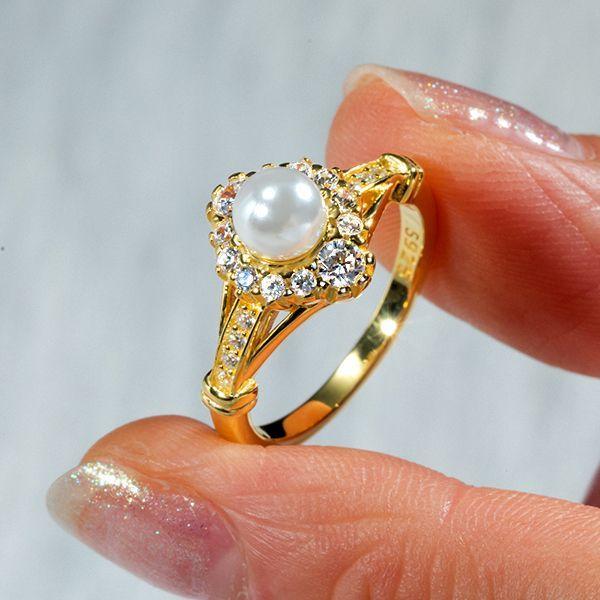 Antique Golden Pearl Engagement Ring - 925 Sterling Silver