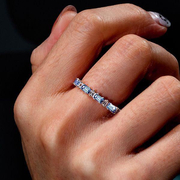Blue Topaz Baguette Eternity Band Ring - 925 Sterling Silver Wedding Band