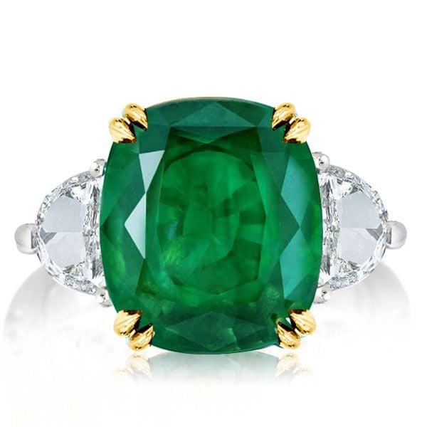 Cushion Cut Created Emerald Three Stone Sterling Silver Engagement Ring