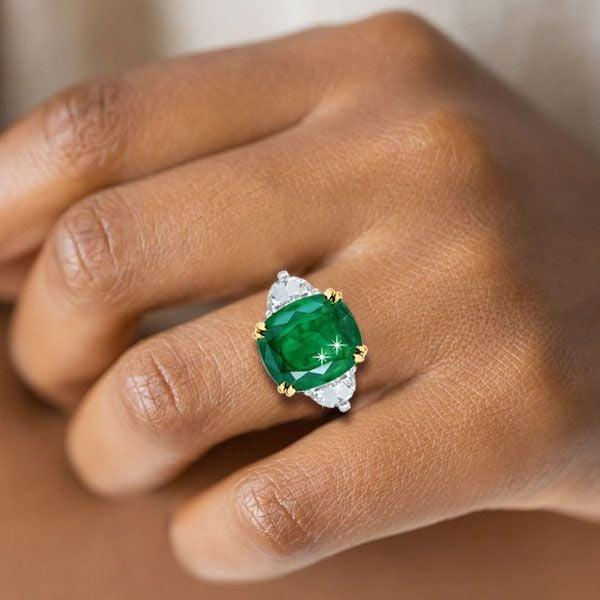 Cushion Cut Created Emerald Three Stone Sterling Silver Engagement Ring