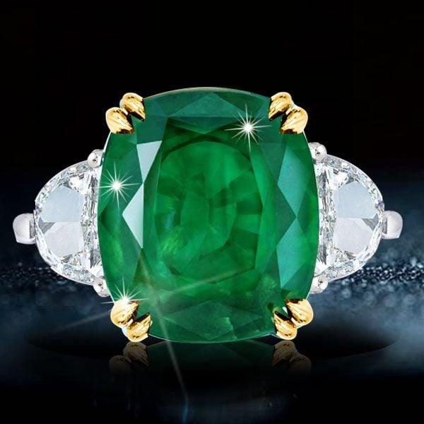 Cushion Cut Created Emerald Three Stone Sterling Silver Engagement Ring