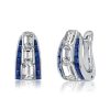 Emerald Cut White & Blue Sapphire Hoop Earrings in Sterling Silver