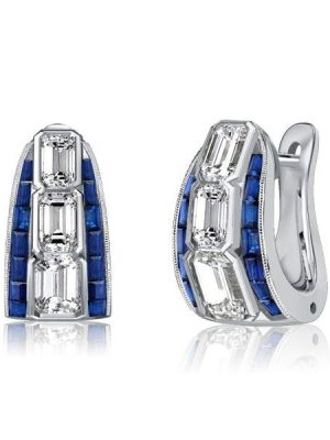 Emerald Cut White & Blue Sapphire Hoop Earrings in Sterling Silver