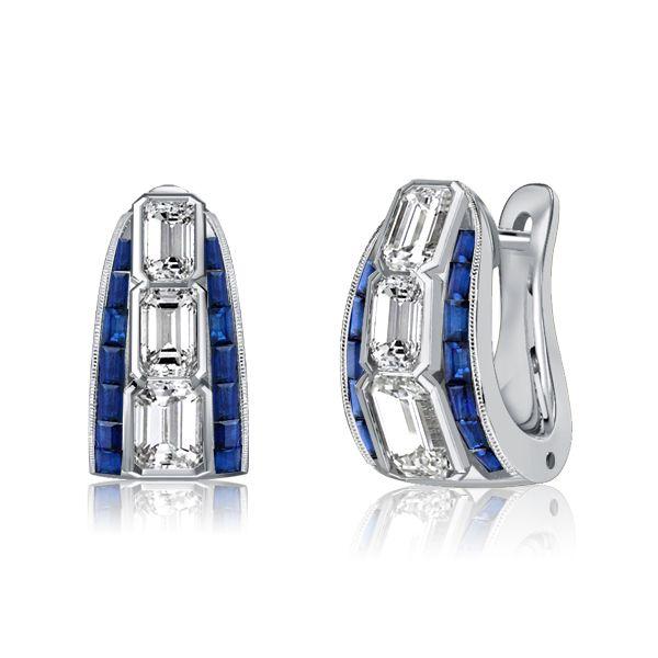 Emerald Cut White & Blue Sapphire Hoop Earrings in Sterling Silver