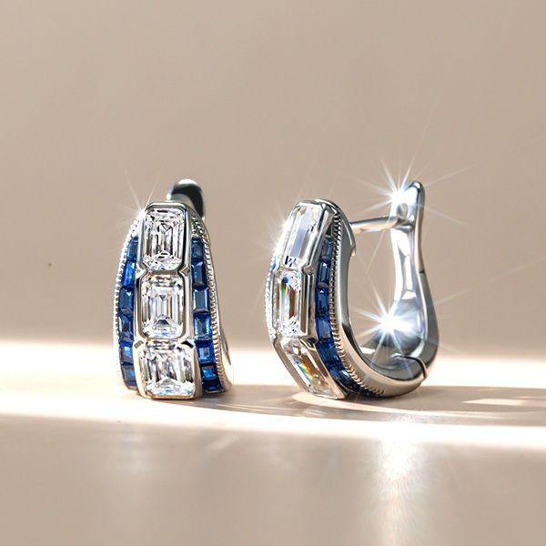 Emerald Cut White & Blue Sapphire Hoop Earrings in Sterling Silver