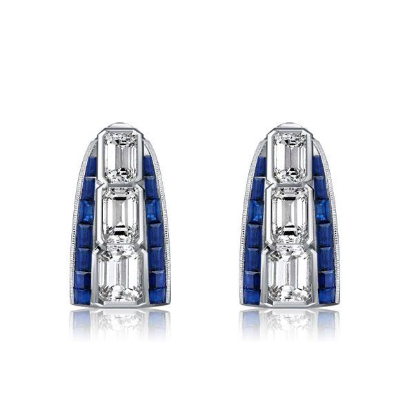 Emerald Cut White & Blue Sapphire Hoop Earrings in Sterling Silver