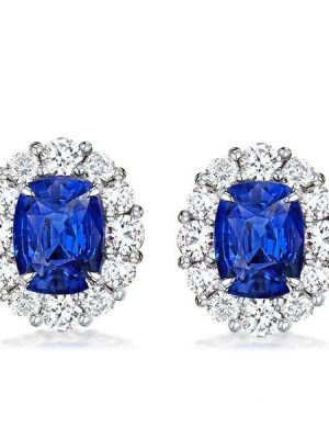 Halo Oval Created Sapphire Stud Earrings in Sterling Silver