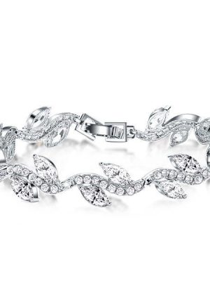 Leaf Design Sterling Silver Plated Round & Marquise Cut Bracelet - 7 Inch