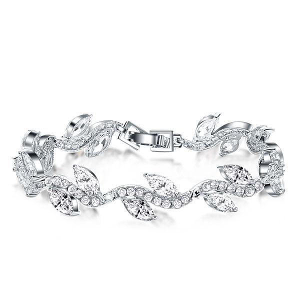 Leaf Design Sterling Silver Plated Round & Marquise Cut Bracelet - 7 Inch