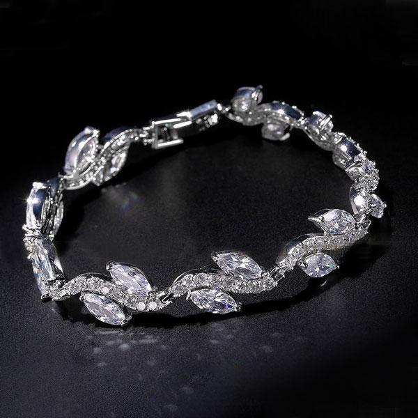Leaf Design Sterling Silver Plated Round & Marquise Cut Bracelet - 7 Inch