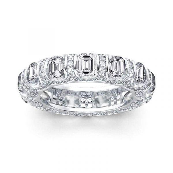 Emerald & Created White Sapphire Eternity Wedding Band - Sterling Silver