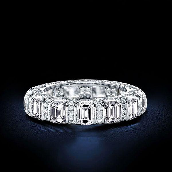 Emerald & Created White Sapphire Eternity Wedding Band - Sterling Silver
