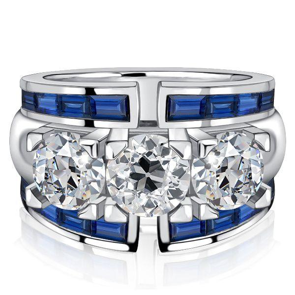 Blue Sapphire Art Deco Wedding Band - 925 Sterling Silver Ring