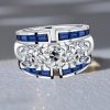 Blue Sapphire Art Deco Wedding Band - 925 Sterling Silver Ring