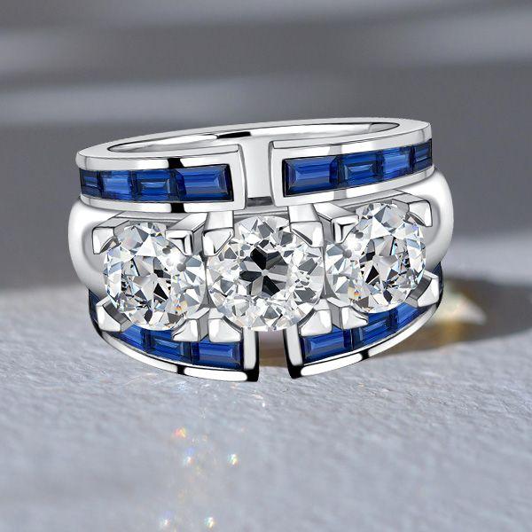 Blue Sapphire Art Deco Wedding Band - 925 Sterling Silver Ring
